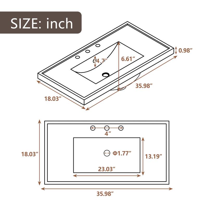 36" Bathroom Vanity with Sink Combo, One Cabinet and Three Drawers, Solid Wood and MDF Board