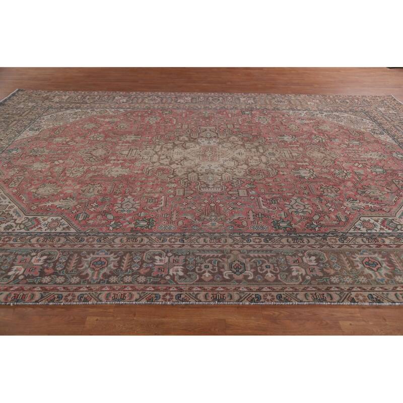Hand Knotted Oriental 100% Wool Carpet Traditional Medallion Pink Tabriz Area Rug - 12' 9'' X 9' 2''