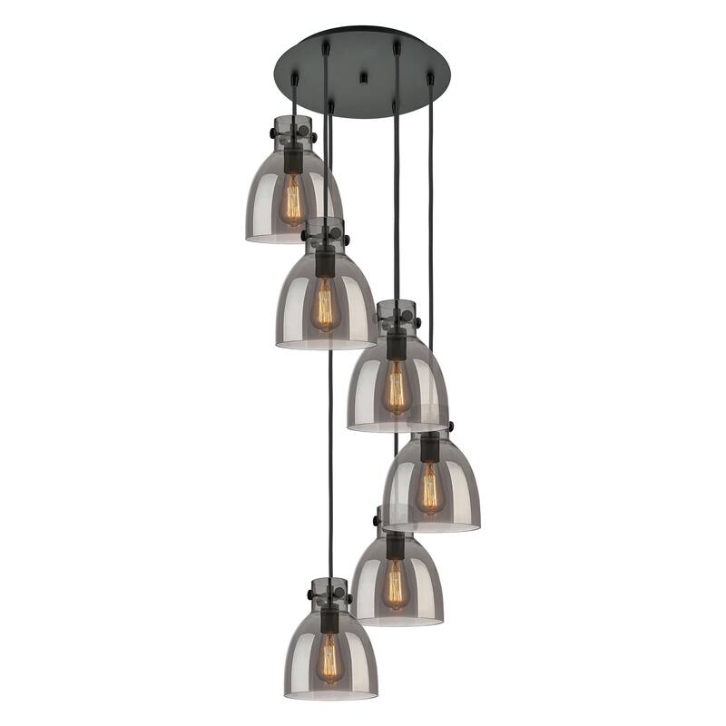 Innovations Lighting Newton Bell - 6 Light 8" Cord Hung Multi Pendant - 14" Canopy - Matte Black/Light Smoke