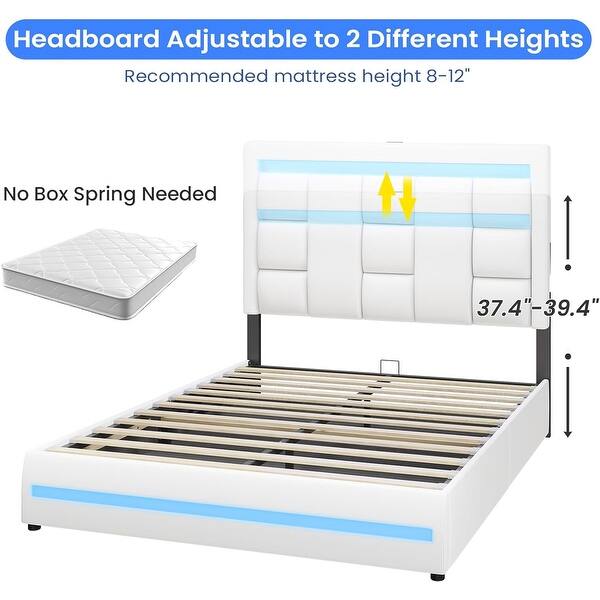 Lift Up Storage Bed Frame USB Ports LED Lights Headboard and Footboard ...