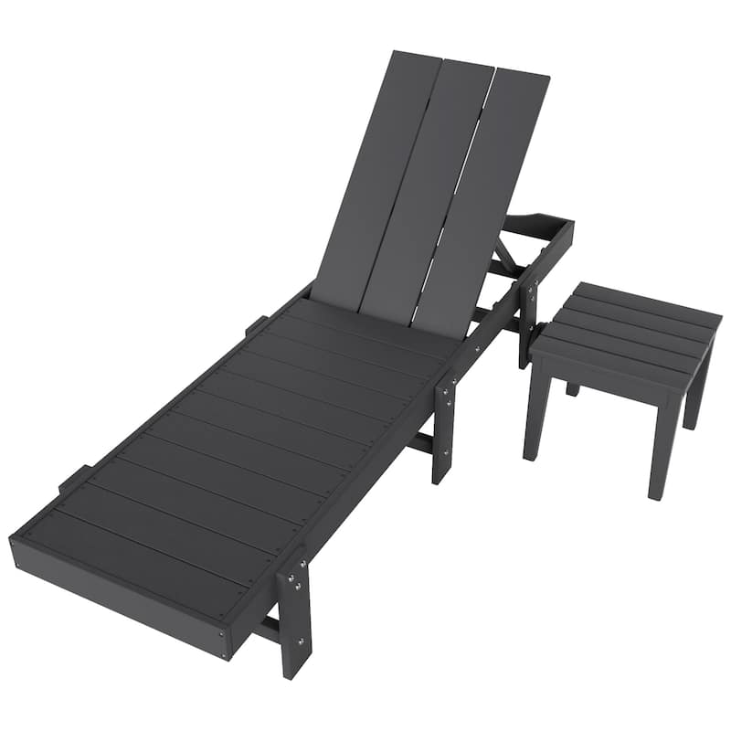 Polytrends Shoreside Modern Poly Eco-Friendly All Weather Reclining Chaise Lounge With Wheels and Side Table (2-Piece Set)