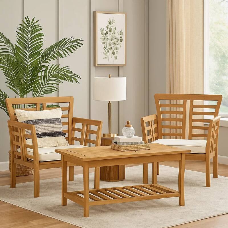 3pc Outdoor Club Chair Set w Coffee Table, Brown Wood Slatted Design
