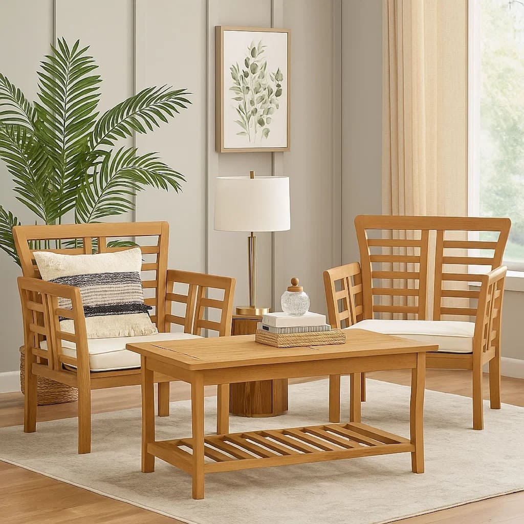 3pc Outdoor Club Chair Set w Coffee Table, Brown Wood Slatted Design