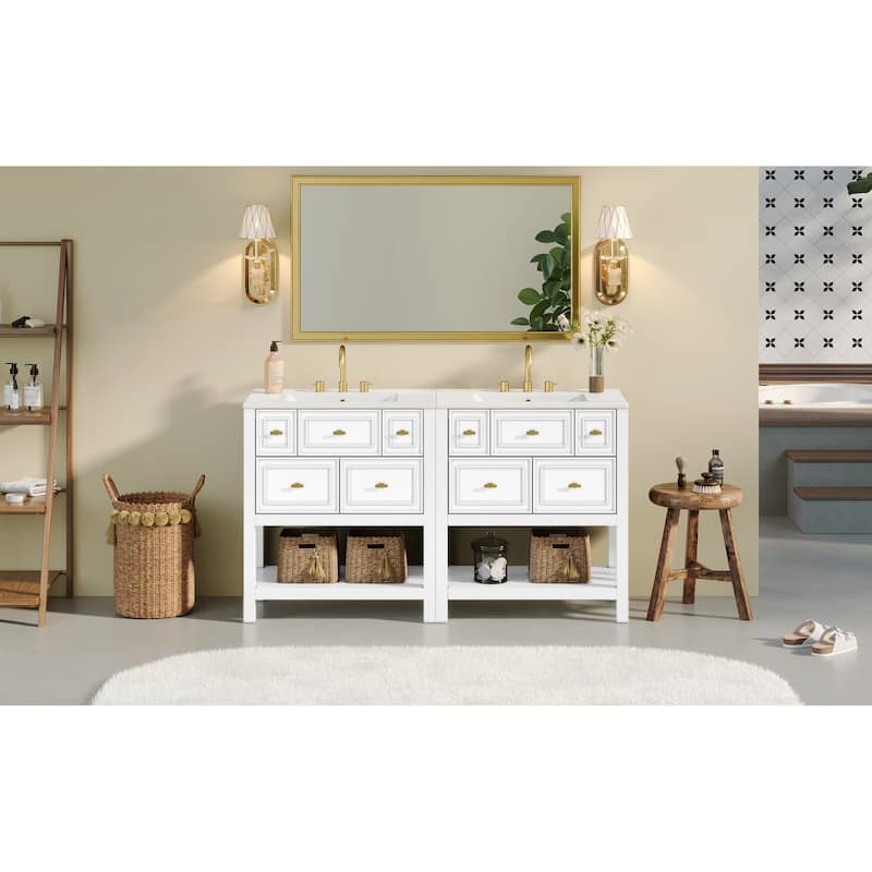 60'' Bathroom Vanity With Ceramic Sink Combo, Free Standing Single Vanity Set With 5 Drawers,Solid Wood FrameStorage Cabinet