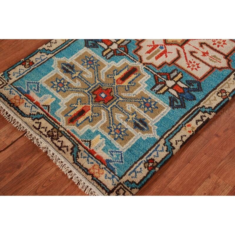 Hand Knotted Oriental 100% Wool Carpet Traditional Geometric Navy Blue & Blues Kazak Runner Rug - 8' 1'' X 2' 7''