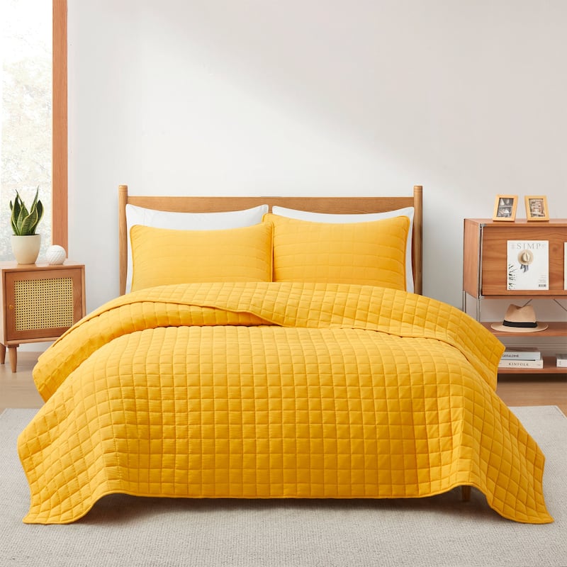 3-Piece Reversible Ultra Lighweight Coverlet Premium Microfiber Bedspread Quilt Set - 106" x 90" - Yellow