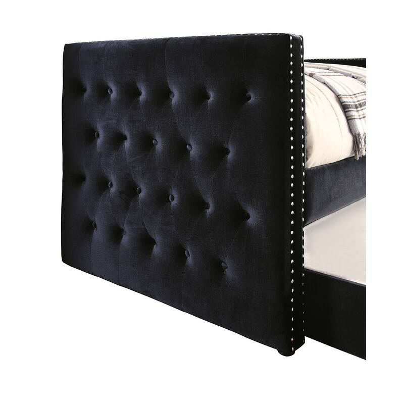 Tuxedo Design Daybed with Trundle, Button Tufted Upholstery and Nailhead Trim, Black