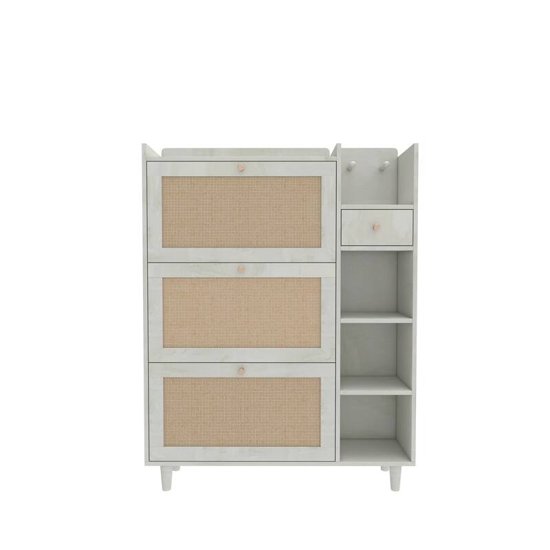 Freestanding Shoe Storage Cabinet, Narrow Hidden Shoe Rack with 3 Rattan Flip Drawers, 3 Square Shelves & 1 Storage Drawer