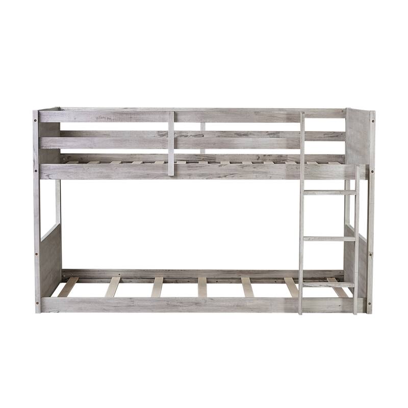 Twin over Twin Floor Bunk Bed w/ Headboard,Footboard,Safety Guardrails