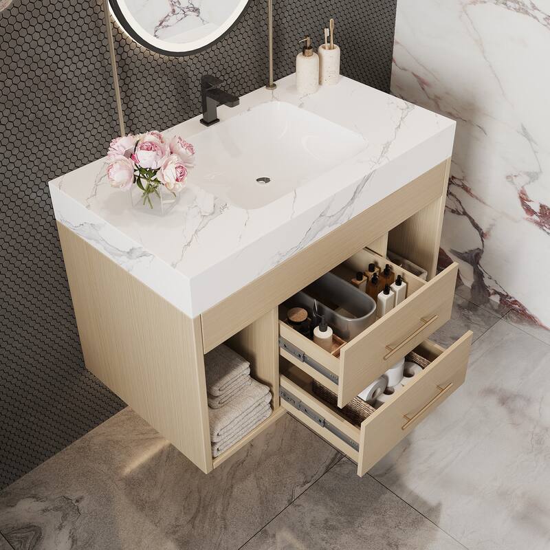 GDFStudio - Modern 29.9" Floating Bathroom Vanity with Sintered Stone Top, Ceramic Sink & U-Shape Drawers