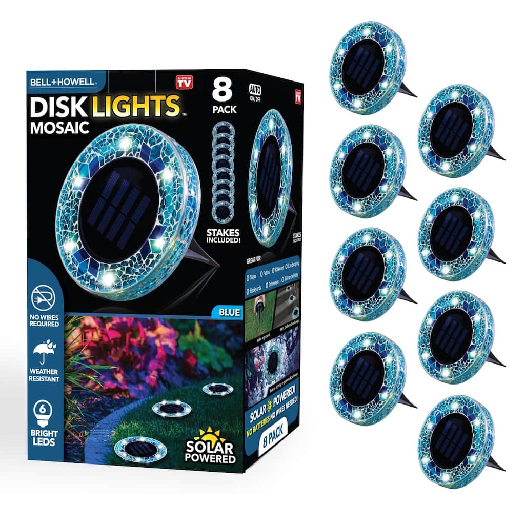 Bell + Howell 6 LED Round Blue Mosaic Solar Powered Disk Lights - 8 Pack with Auto On/Off for Garden and Lawn