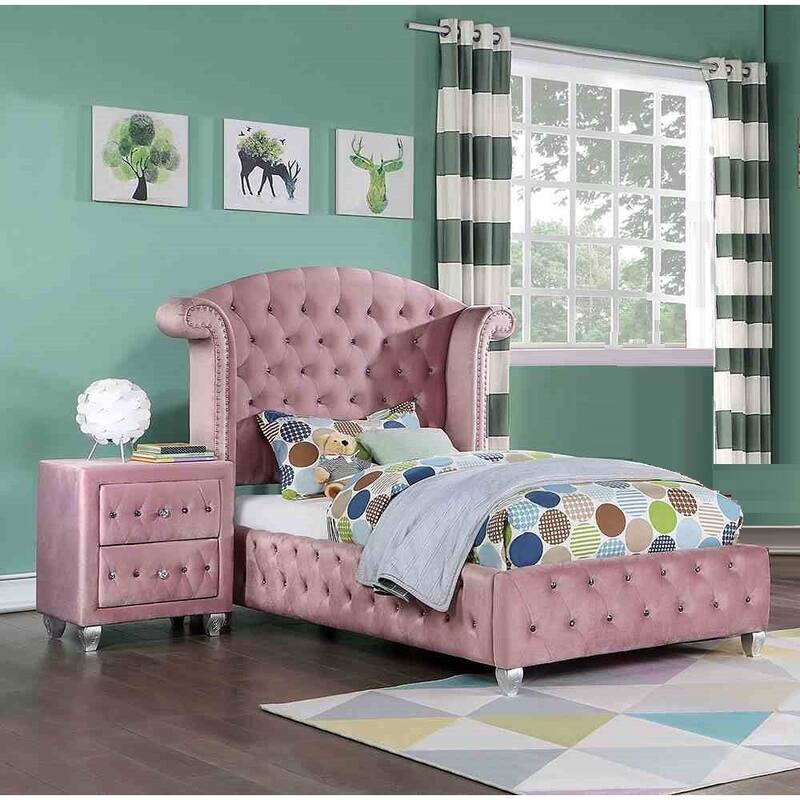Pink Finish Fully Upholstered 1PC Glam Button Tufted Bed