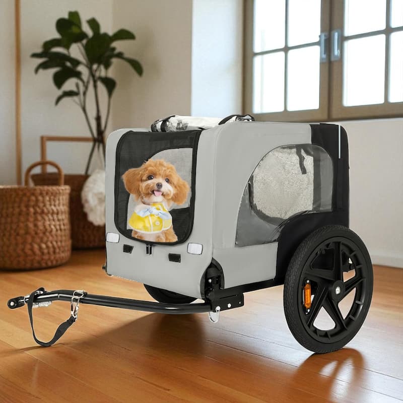 Heavy Duty Collapsible Pet Bike Trailer with 16" Wheels, Foldable Dog Bicycle Carrier Cart with Hitch & Reflectors - Black Grey