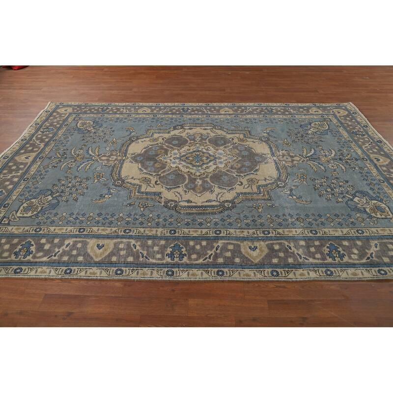Geometric Blue Tabriz Persian Rug Traditional Hand-Knotted Wool Carpet - 6'7"x 9'9"