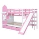 preview thumbnail 56 of 98, Bunk Bed Castle Playhouse Solid Wood Stairs Bed Frame with Storage Shelves & 2 Drawers, Children's Slide Bed with Guardrail