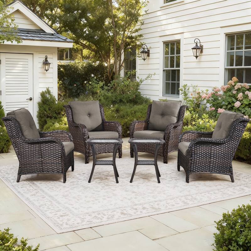 Gymojoy 6-Piece Outdoor Wicker Patio Set - 4 Chairs & 2 Side Tables, All-Weather for Deck, Garden, Pool - Brown Wicker / Grey Cusion - 6-Piece