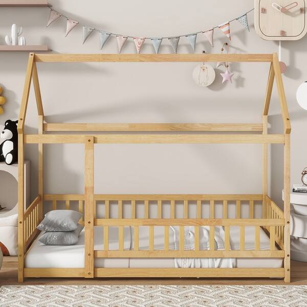 slide 2 of 17, Twin Size Wooden House Floor Bed with Roof Frame, Safety Guardrails, Natural Natural