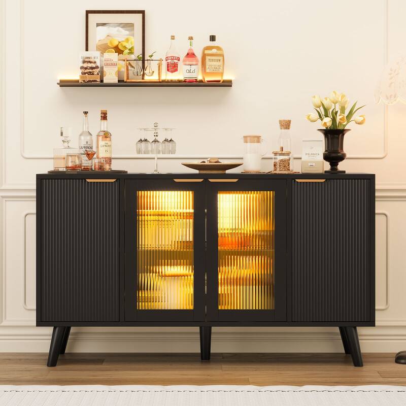 Meyreso Kitchen Sideboard Storage Cabinet with LED Light, 4 Doors - Black - No Drawers