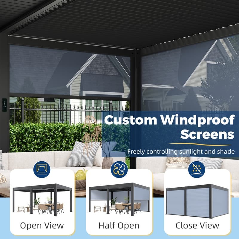 EROMMY Outdoor Louvered Pergola Gazebo with Adjustable Aluminum Rainproof Roof and Pull-Down Screen