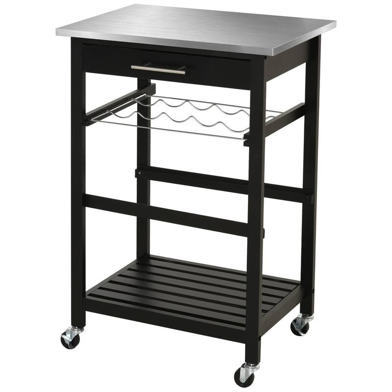 Kitchen island cart Rolling Trolley Utility Serving cart with Stainless Steel Tabletop, Wine Rack & Drawer
