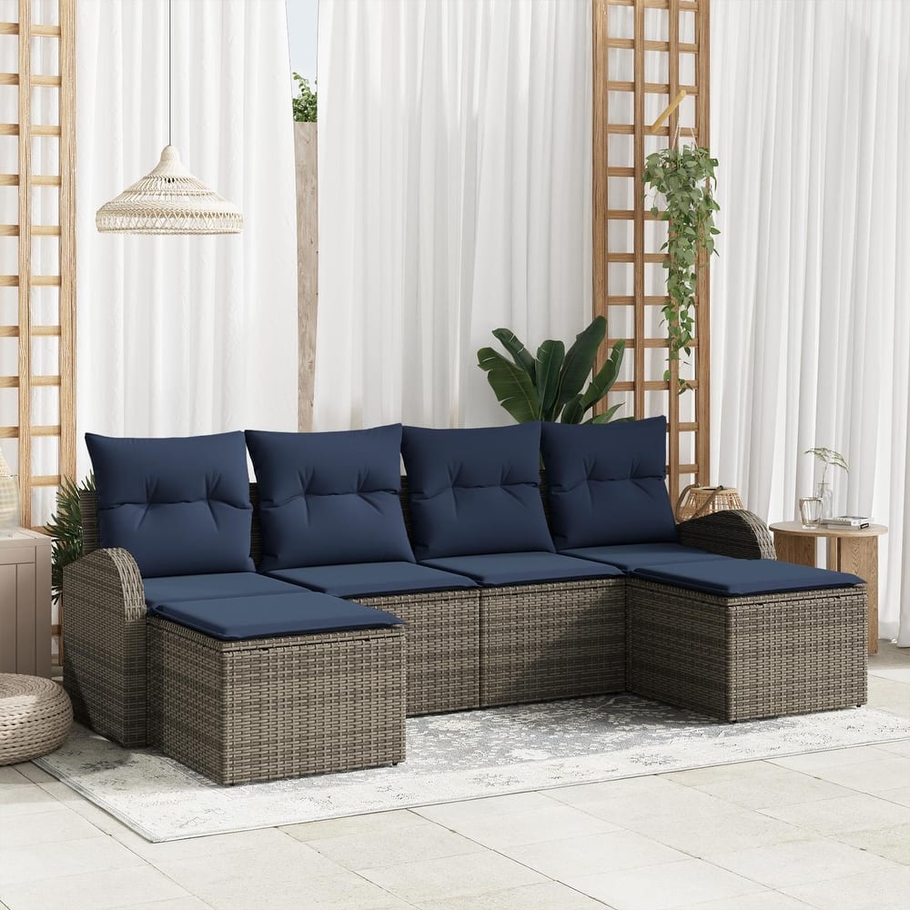 vidaXL 6 Garden Sofa Set with Cushions Black/Brown/Grey Poly Rattan - 92.1 x 24.4 x 27.2