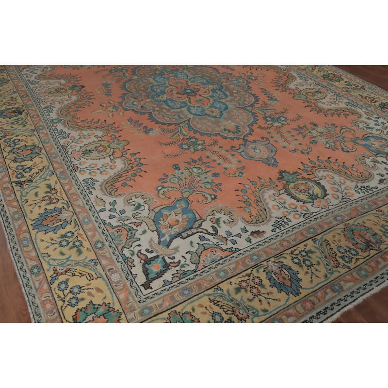 Hand Knotted Oriental 100% Wool Carpet Traditional Geometric Coral Tabriz Area Rug - 12' 7'' X 9' 7''