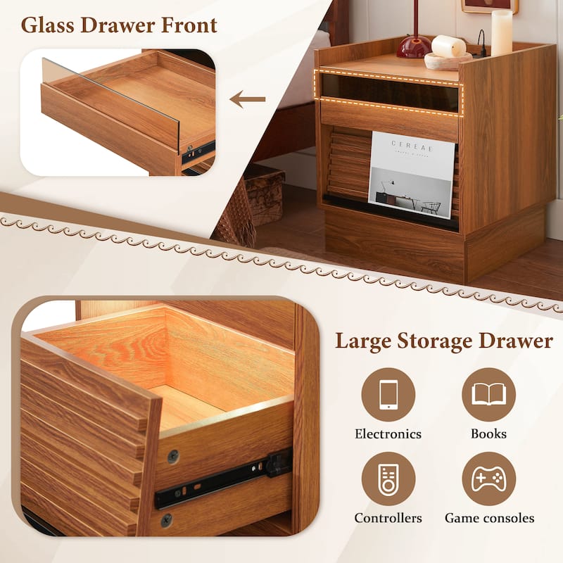 Mid Century Modern Nightstand with Charging Station and LED lights, Night Stand with 2 Drawers, Bedside Tables/End Table
