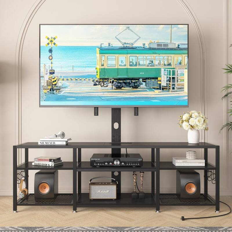 VECELO TV Stand with Mount and Power Outlet, Swivel TV Stand Mount for 32~70 inch TVs, Height Adjustable TV Entertainment Center