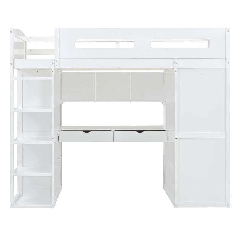 Solid Wood Loft Bed with Desk, Wardrobes, and Shelves
