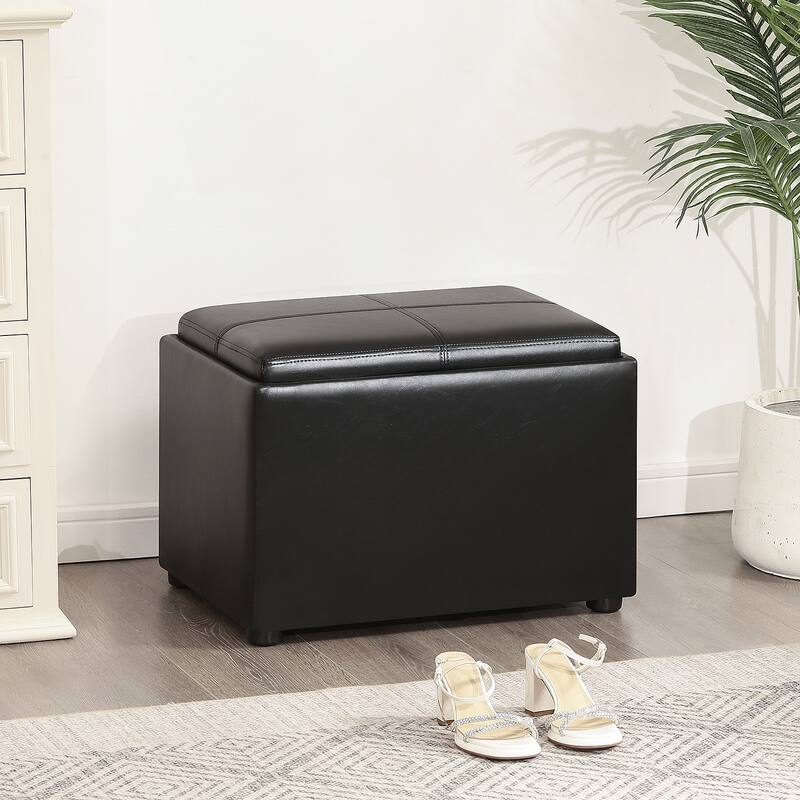 Adeco Faux Leather Rectangle Storage Ottoman with Reversible Tray