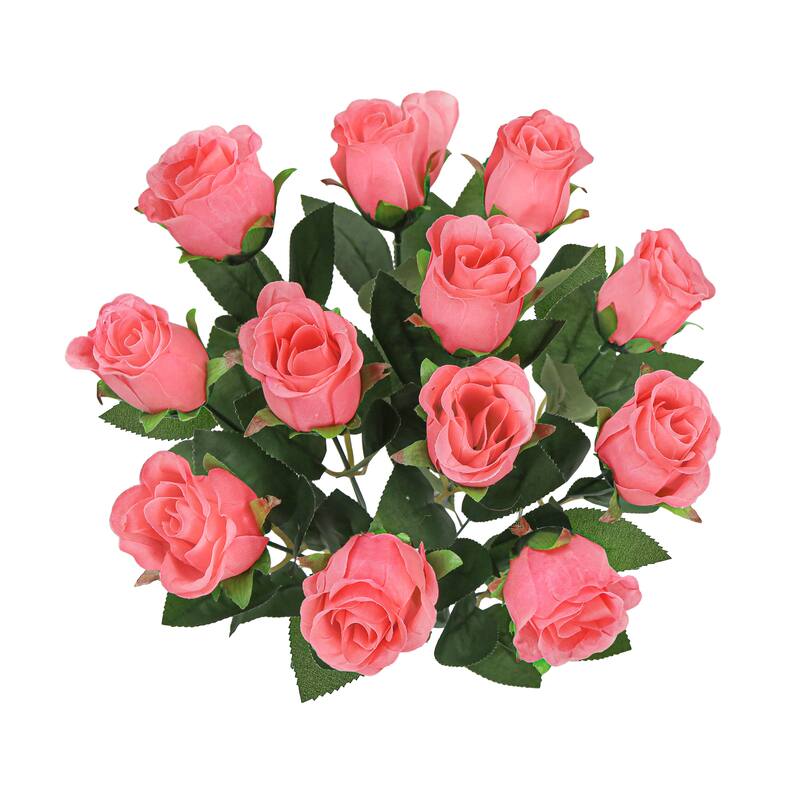 Set of 2 Coral Artificial Rose Bud Flower Stem Bush Bouquet 19.5in - 19.5" L x 12" W x 12" DP