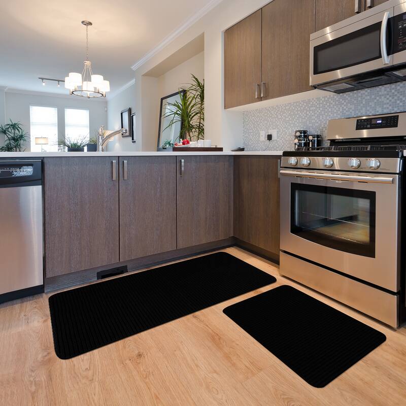 Beverly Rug Non Slip Washable Kitchen Rugs and Mats 2 Piece Set, 48"x20" + 30"x20" - Set of 2 - Black