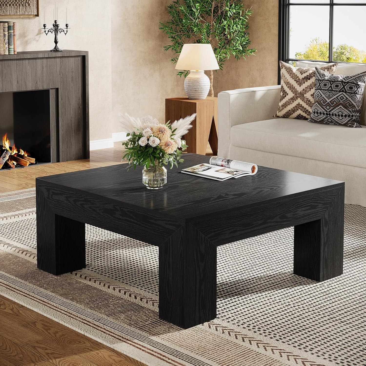 39.4-Inch Square Coffee Table for Living Room, Farmhouse Accent Center Cocktail Table with Sturdy Wooden Legs