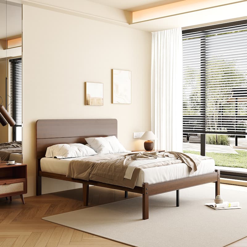 Walnut-colored solid wood and bamboo bed frame with headboard, easy to assemble, no box springs required