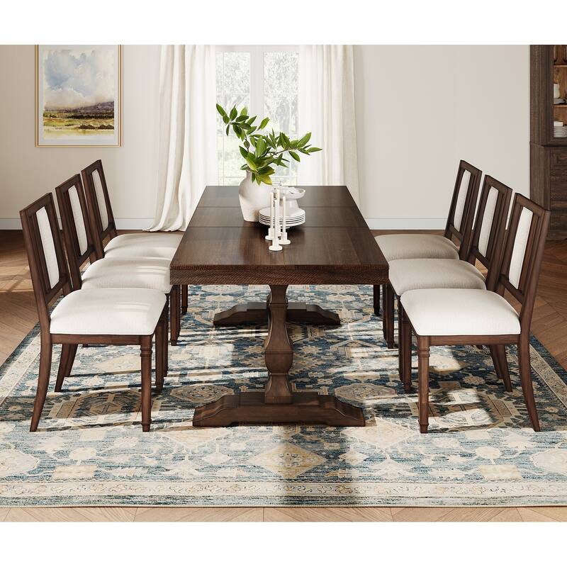 7-pieces Farmhouse Dining Table Set for 6, 74.8" Kitchen Table with Chairs, Solid Wood Legs and Upholstered Back