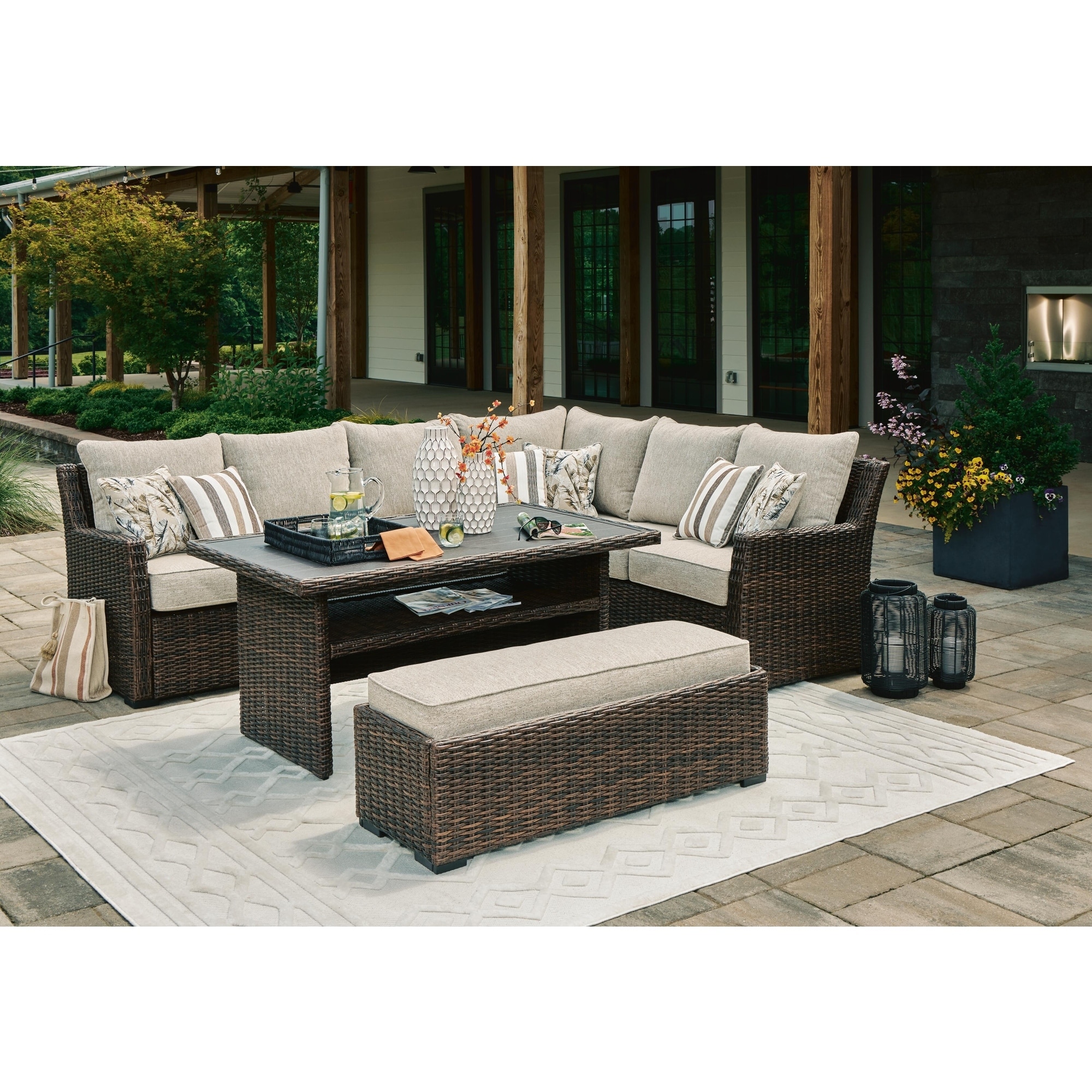 Signature Design by Ashley Brook Ranch Brown/Beige 4-Piece Outdoor Package - 111.5" W x 86.38" D x 37.5" H