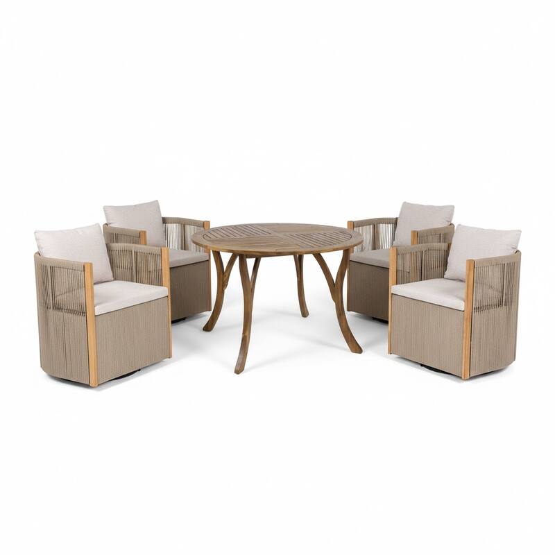 Christopher Knight Home - Faye 5-Piece Outdoor Acacia Wood Swivel Dining Set with Rope Cushioned Chairs & Curved-Leg Round Table