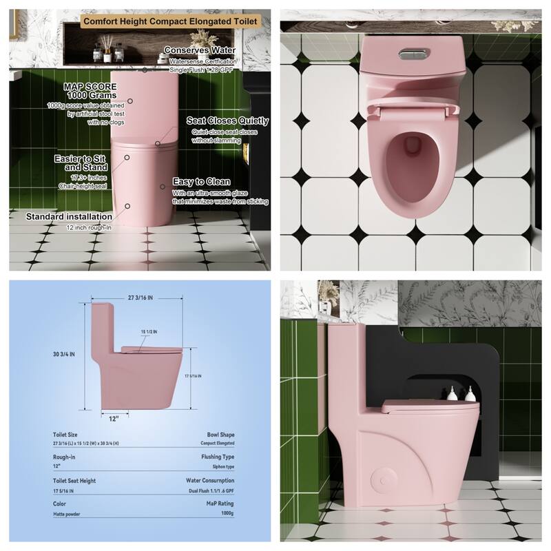 1.6/1.1GPF Dual-Flush One-Piece Toilet, Elongated ADA, 12" S-Trap,Pink
