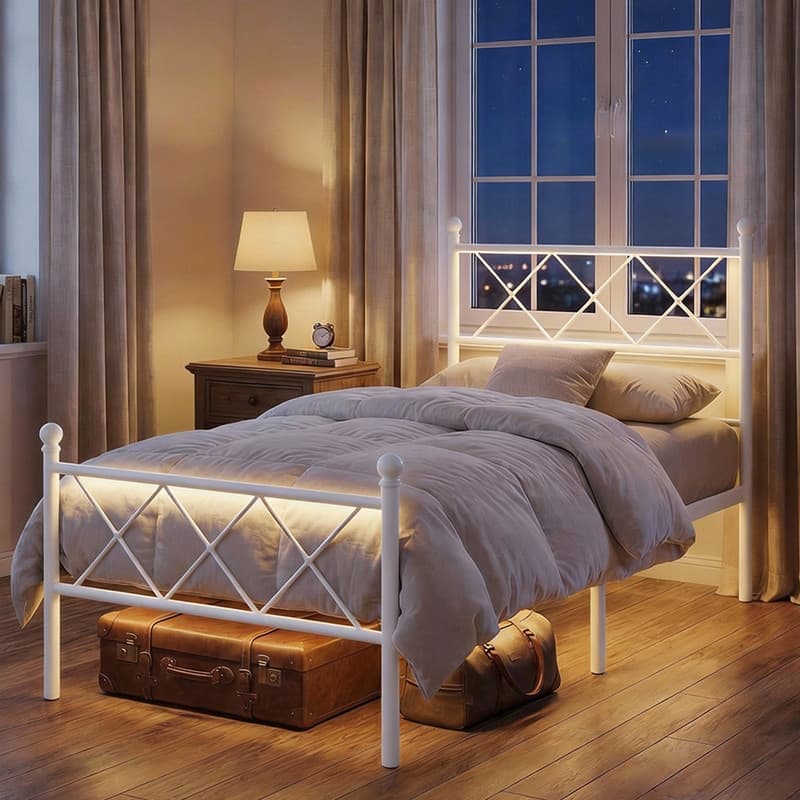 Twin Size Metal Platform Bed with RGB LED Lights,Charging Station,Heavy Duty,Remote and App Control,Under Bed Storage