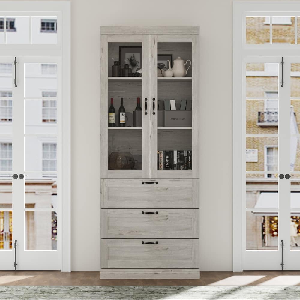 Bookcase Cabinet with Glass Doors and Drawers Multi-Purpose Storage Display Hutch for Living Room or Dining Room