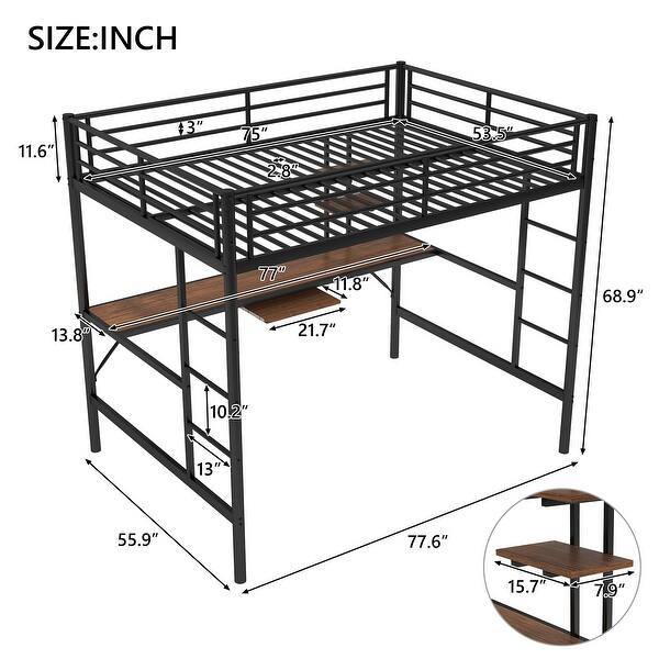 Full Size Metal Bed Frame Loft Bed with Desk and Shelf,Guard Rails & Double Ladder,Space-saving