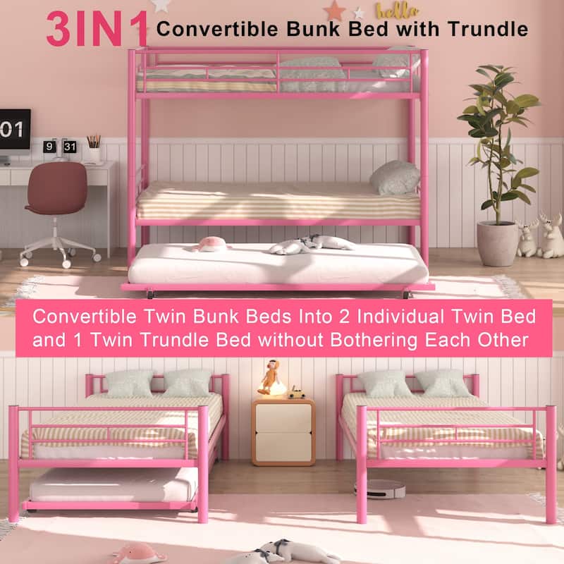 Twin Over Twin Bunk Bed with Trundle, Detachable Twin Bunk Beds w/ 2 Side Ladders & Full-Length Guardrails