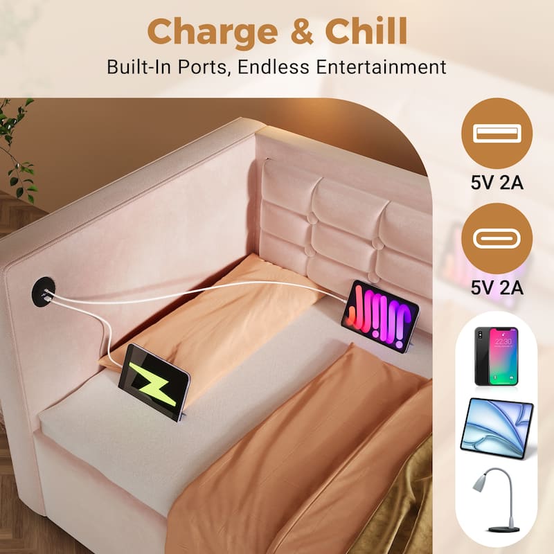Upholstered Twin Daybed with Hydraulic Storage, USB & Type-C Charging, Velvet Frame with Wooden Slats