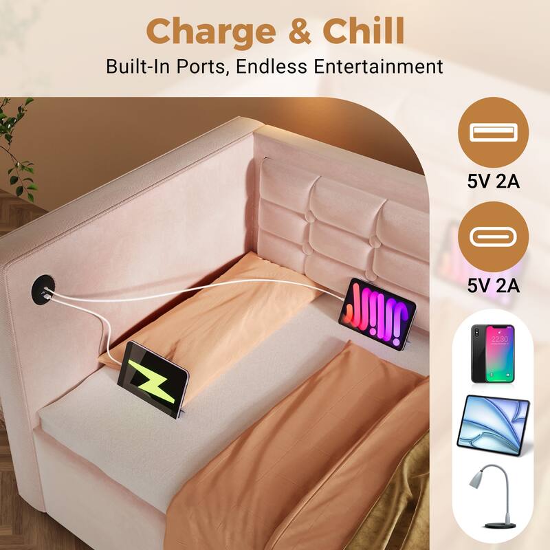 Velvet Tufted Upholstered Daybed Hydraulic Storage Twin Bed Frame with USB & Type-C Charging, Side Pockets and Wooden Slats