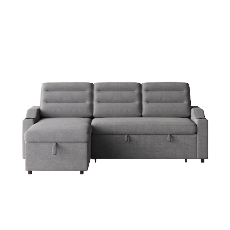 83.5" Fabric Convertible 3-Seater Sleeper Sofa with Pull-Out Bed, Recliner, Storage Pocket, and Cup Holder