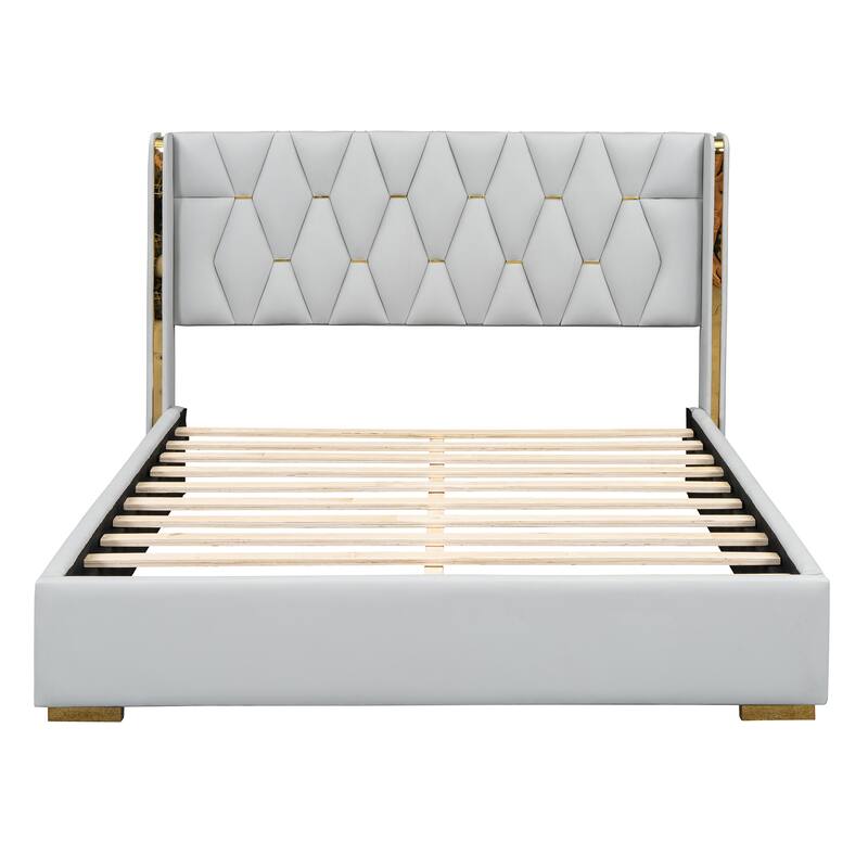 Full Size Upholstered Platform Bed with PU Leather Headboard and Sturdy Frame