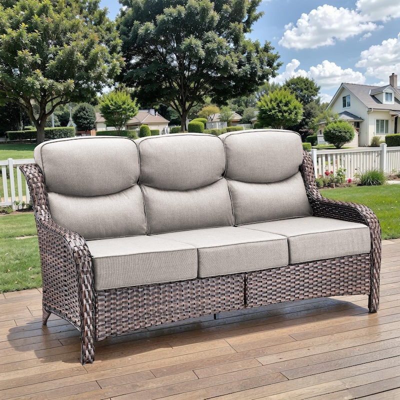 Outside Wicker Sofa PE Rattan Patio Sofa - 3-Seat Sofa - 3-Seat Sofa - Brown Rattan - Beige Cushion