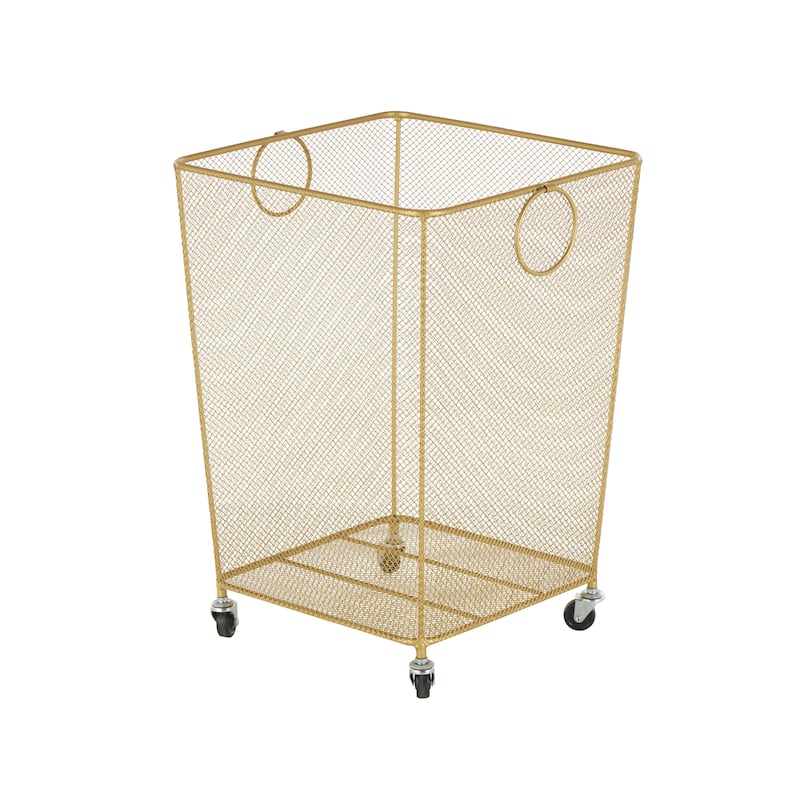 Metal Square Mesh Wire Rolling Laundry Storage Cart with Ring Handles - Black or Gold - Roche River Decor