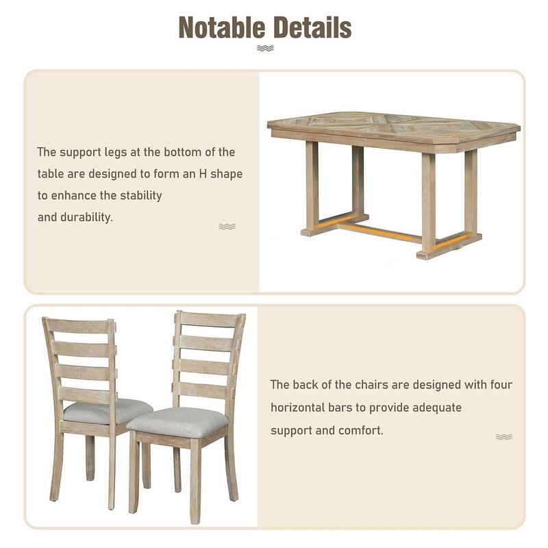 Farmhouse 6-Piece Dining Set, 60" Rectangular Dining Table with 4 Upholstered Dining Chairs and Bench