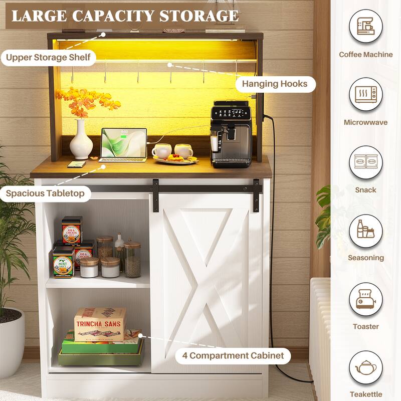 Farmhouse Wine Bar Cabinet with Barn Door & Charging Station,Sturdy Buffet Coffee Bar Cabinet with LED Lights & Hutch